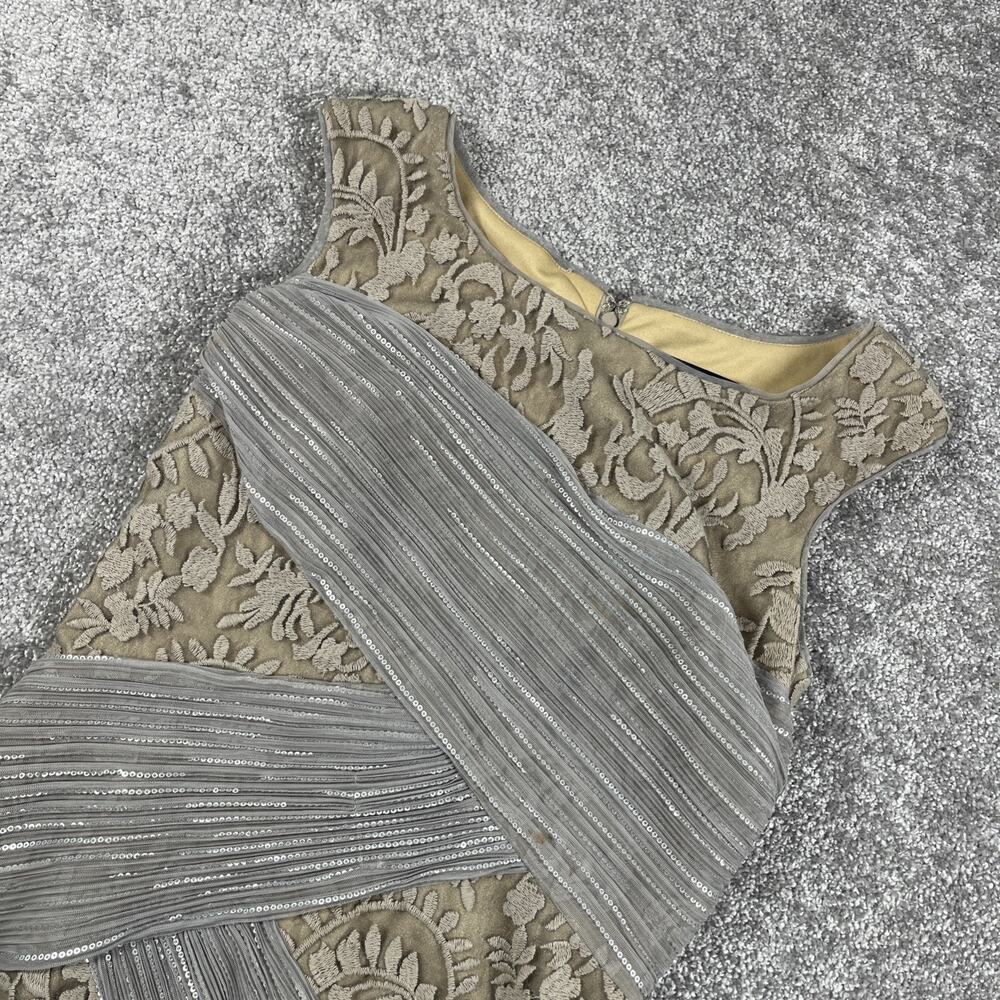 Tadashi Shoji Dress Womens 6 Lace Embroidery Sequins Multi Textured Taupe Silver